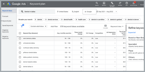 picture of Google Keyword Planner console